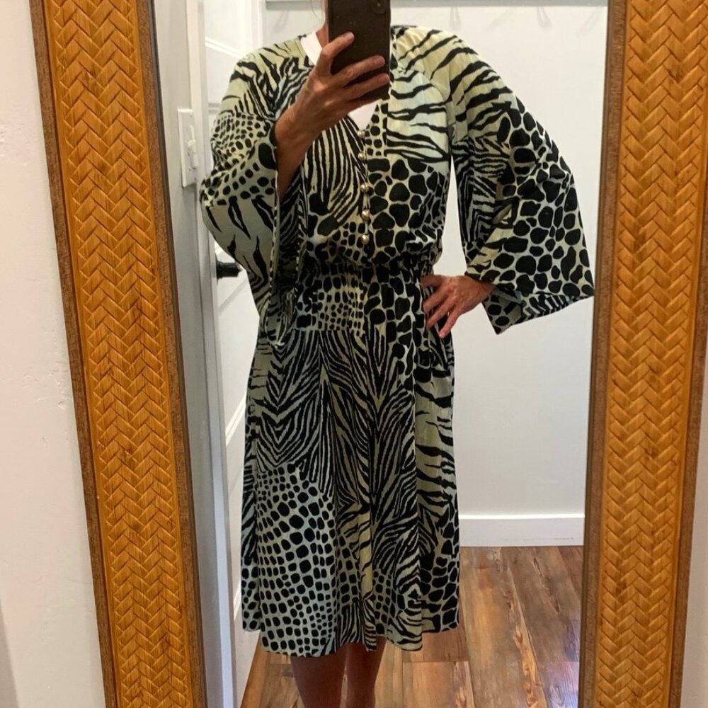 Vintage 80s Flare Sleeve Animal Print Dress Size Medium